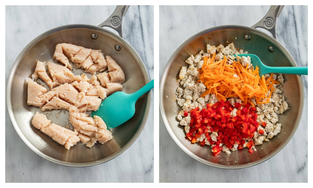 A skillet of ground chicken being cooked next to a skillet with cooked ground chicken, carrots, and bell peppers.