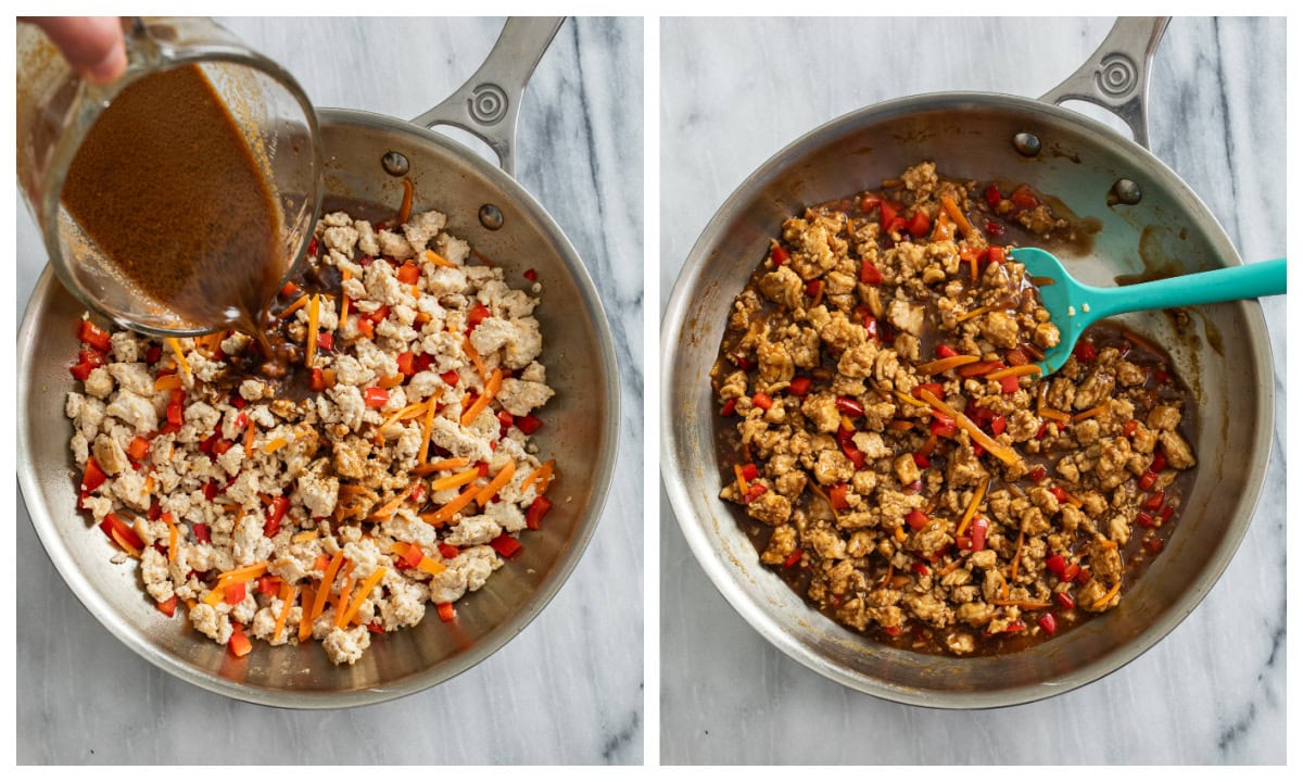 Adding sauce to a skillet of ground chicken, carrots, and bell peppers next to a skillet of filling for chicken lettuce wraps.