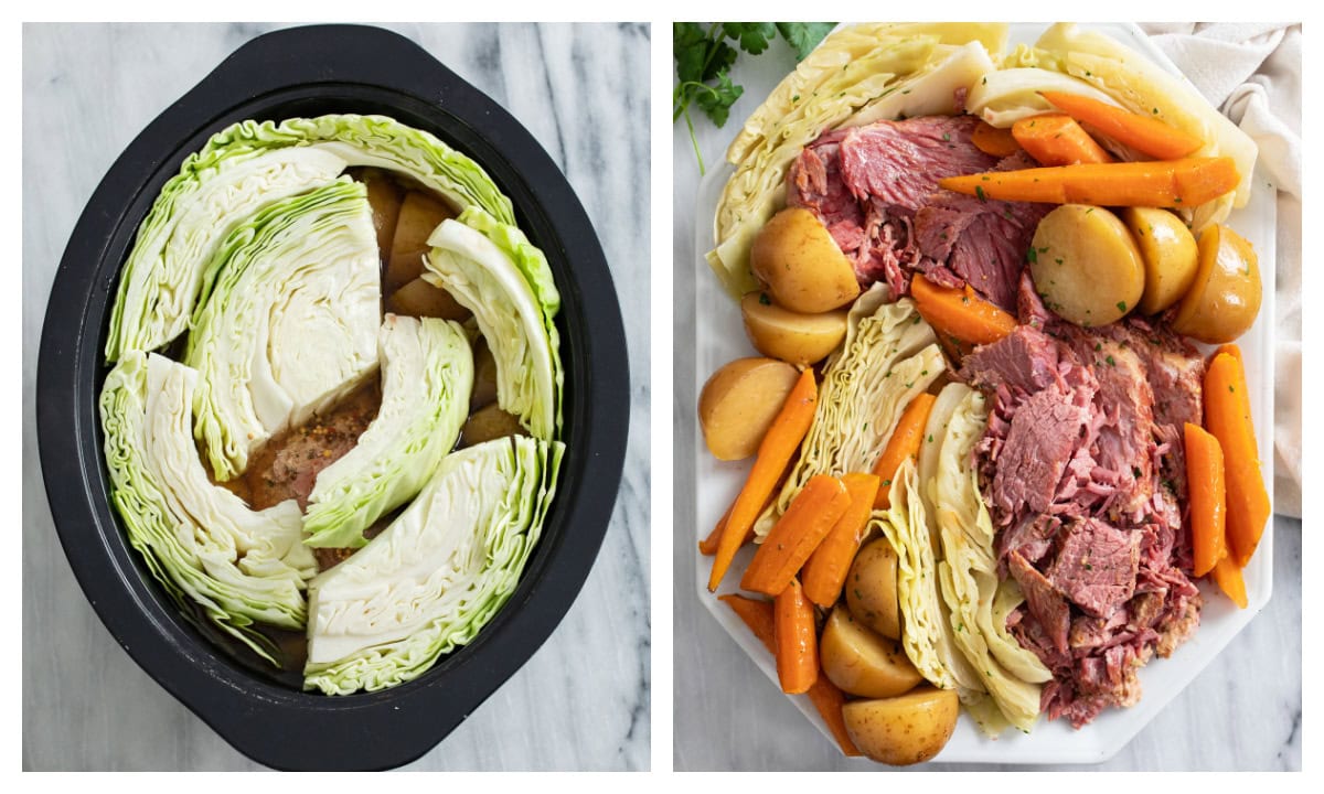 Corned Beef and Cabbage in a crock pot and on a platter after it's done cooking.