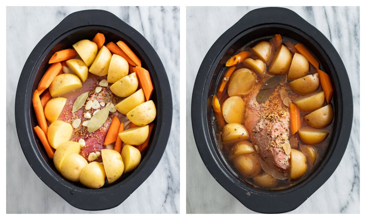 A crock pot with Corned Beef, potatoes, and carrots before and after being slow cooked.