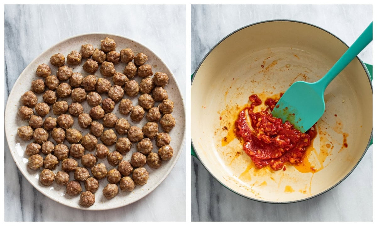 A plate of cooked mini meatballs next to a pot with butter, tomato paste, and garlic.