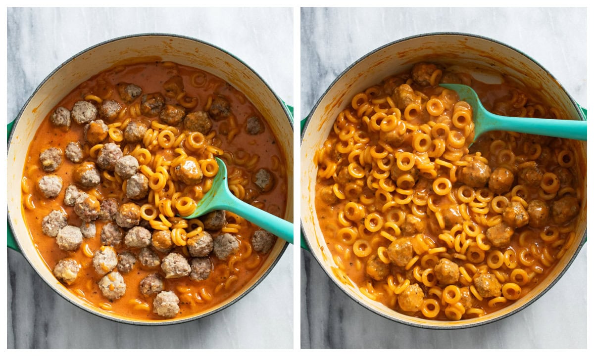 Adding mini meatballs to a pot of Homemade Spaghettios.