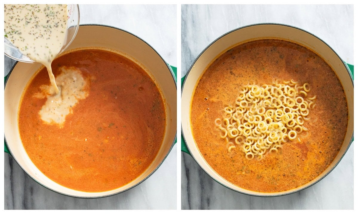 Adding sauce and Anellini pasta to make Homemade Spaghettios.