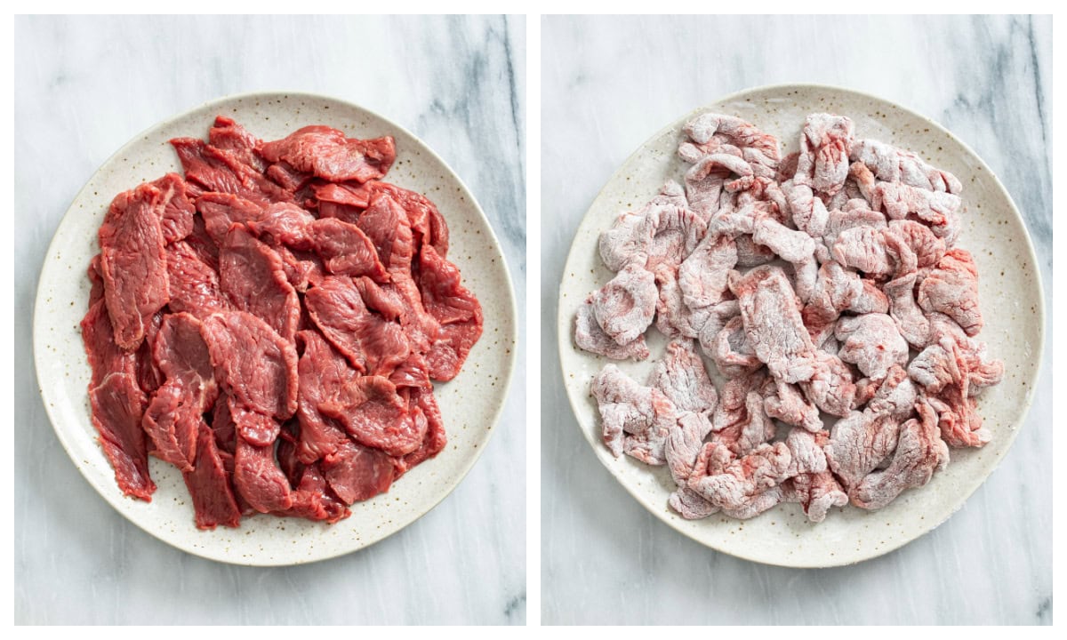 A plate of thinly sliced beef next to a plate of sliced beef coated in cornstarch.