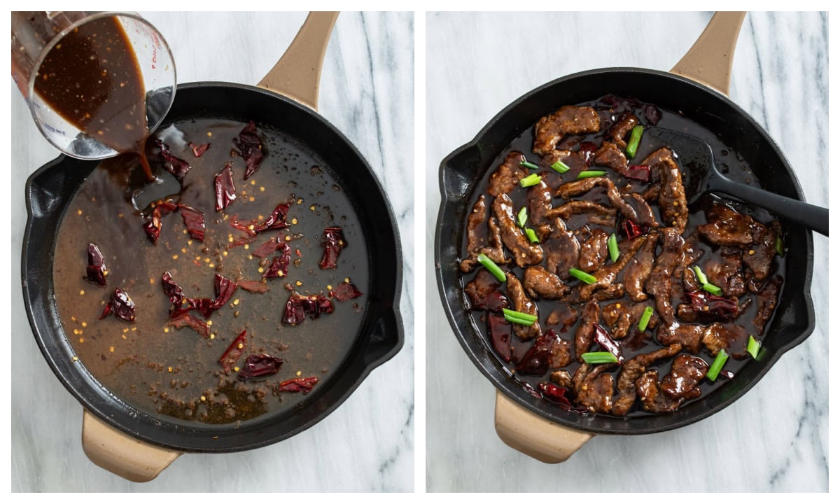 Adding sauce to a skillet of Mongolian Beef.