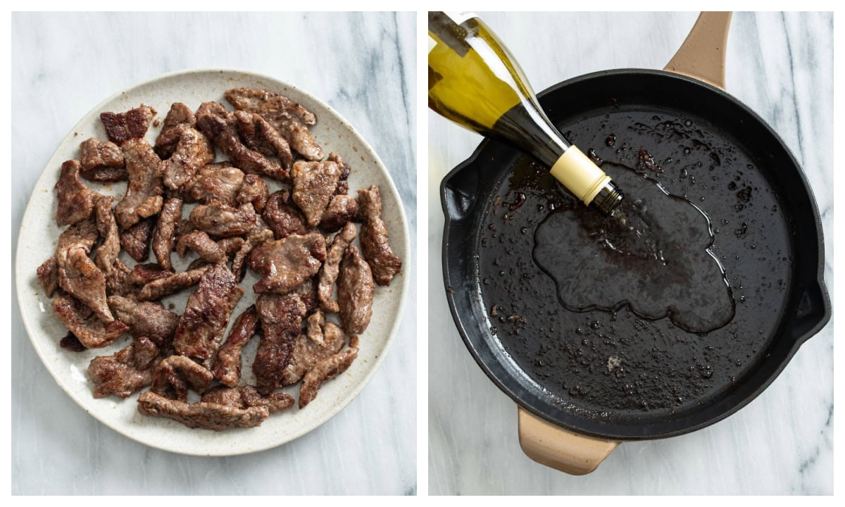 A plate of seared strips of beef next to a skillet being deglazed with wine.