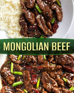 A collage of Mongolian Beef in a bowl with rice and in a skillet.