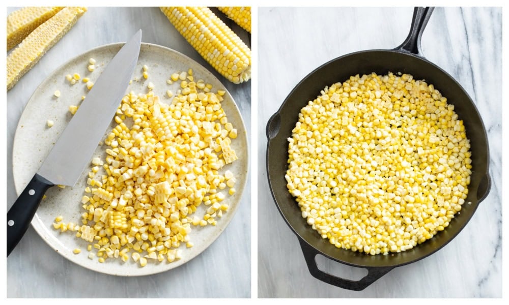 A plate of corn cut from the cob next to a cast iron skillet with corn being cooked.