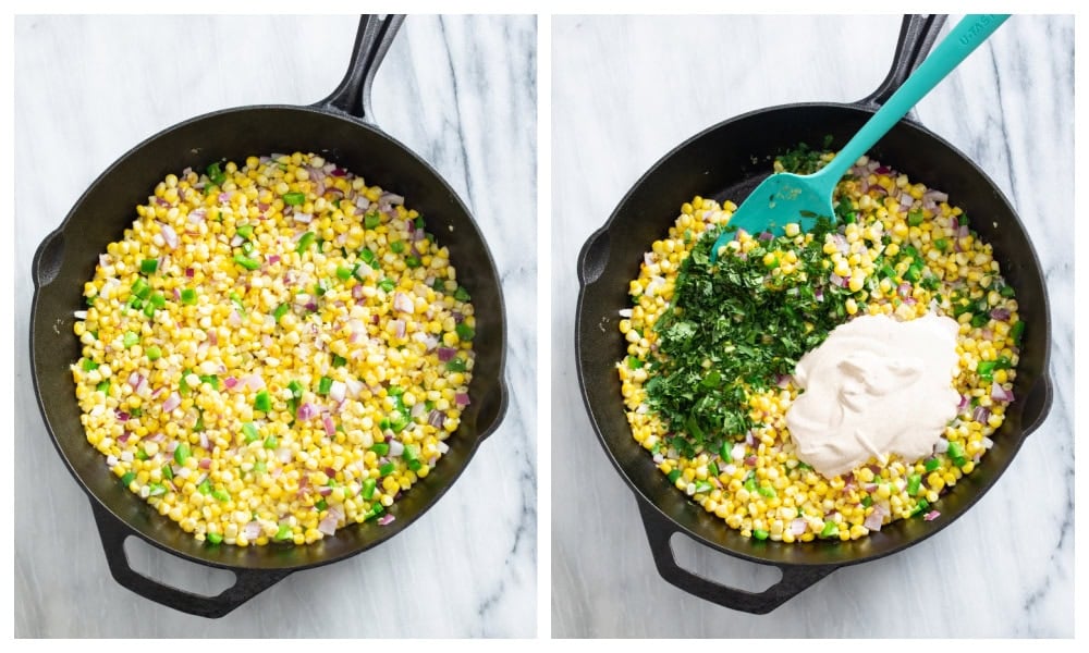 Adding cilantro and dressing to a skillet of corn, jalapenos, and onions to make Mexican Street Corn Salad.