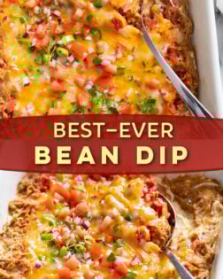 A collage of Bean Dip in a white casserole dish.