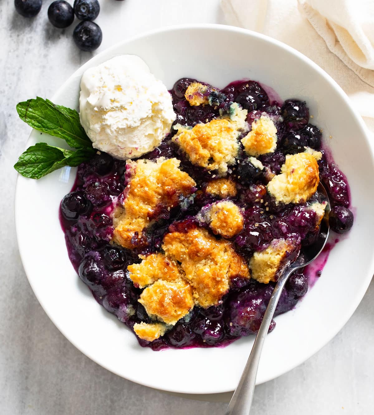 Blueberry Cobbler in a white bowl with a scoop of vanilla ice cream and a sprig of mint on the side.