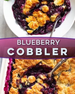 A collage of Blueberry Cobbler in a bowl and in a baking dish.