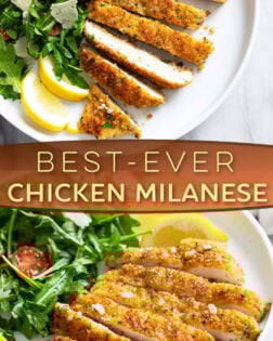 A collage of Chicken Milanese on a white plate with an arugula salad and lemon wedges.