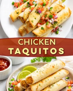 A collage of Chicken Taquitos on a plate and a white platter with various toppings around them.