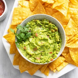 Homemade Guacamole in a bowl with fresh cilantro on the side and tortilla chips around it.