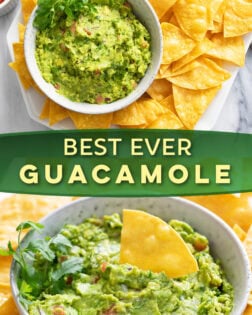 A collage of Guacamole in a bowl surrounded by Tortilla Chips.