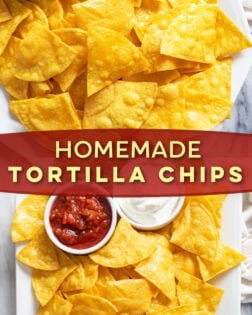 A labeled collage of Homemade Tortilla Chips on a white platter with salsa and sour cream.