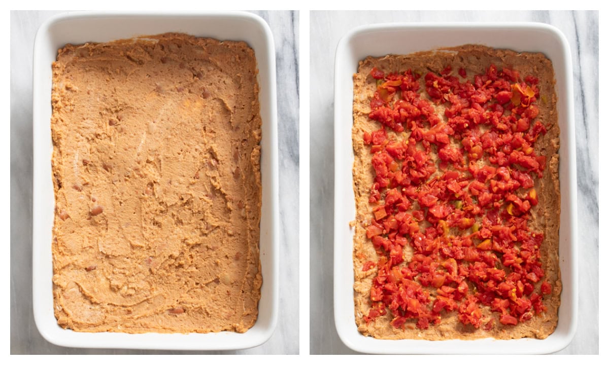 A casserole dish with refried beans next to a casserole dish topped with drained Rotel tomatoes over the refried beans.