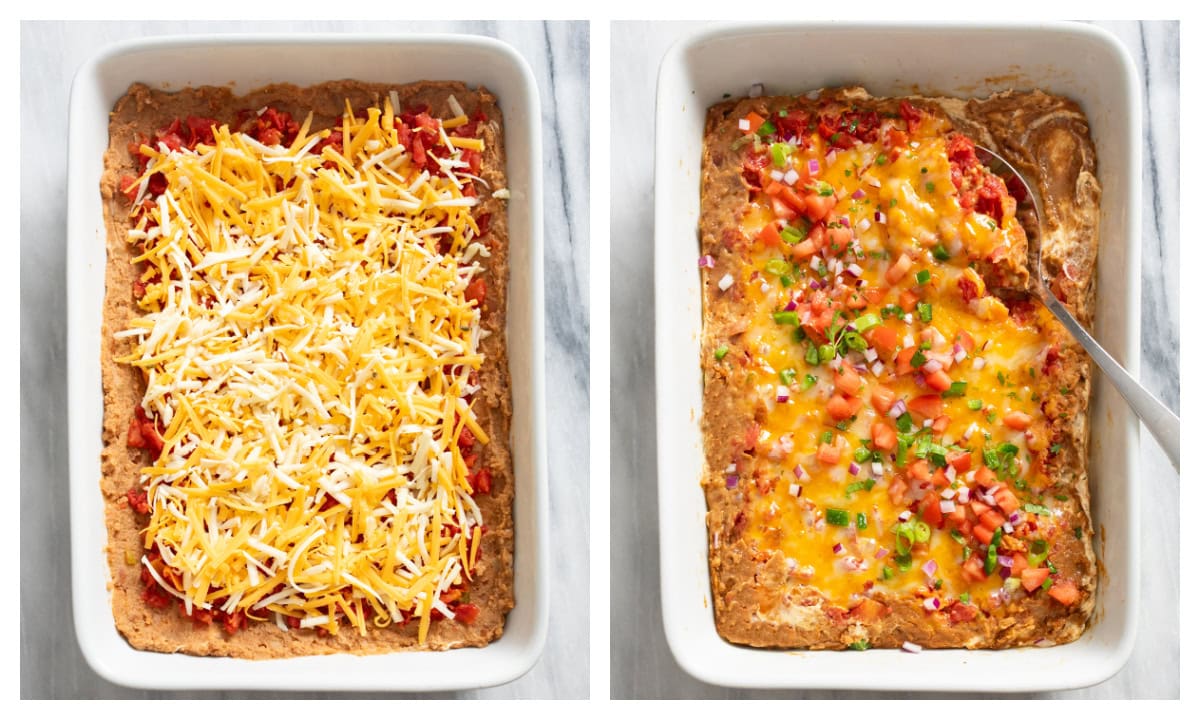 Bean Dip in a casserole dish before and after baking.