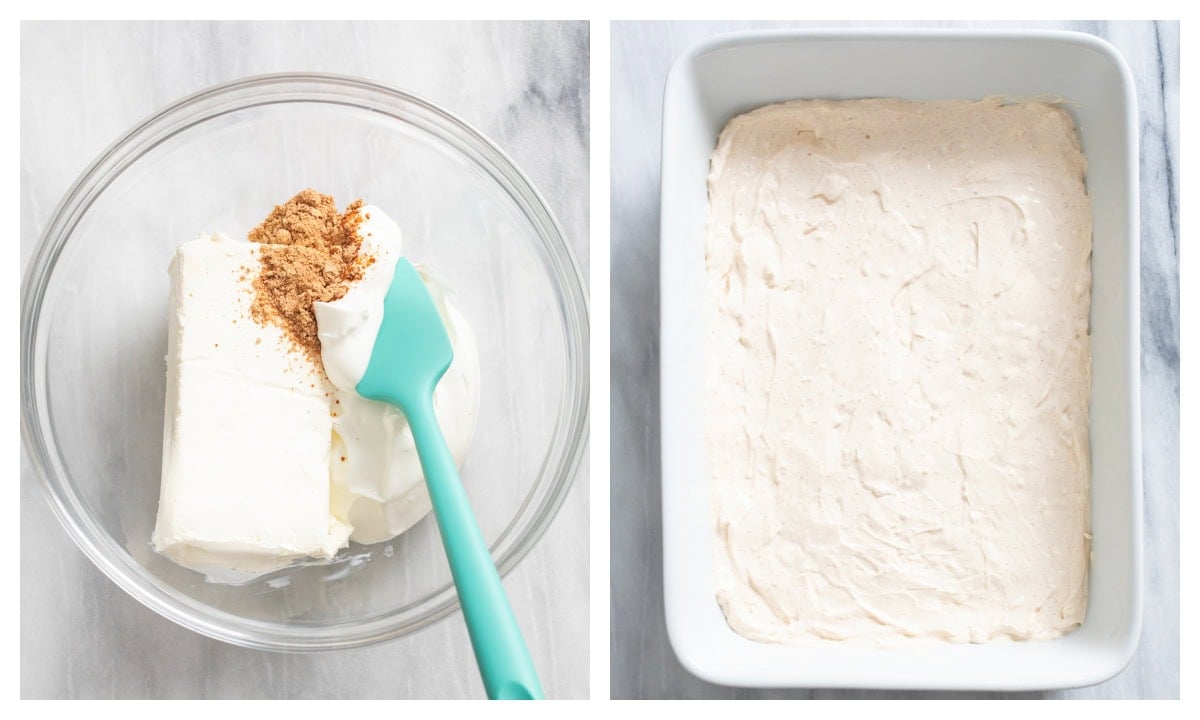 A bowl of cream cheese, sour cream, and taco seasoning next to a casserole dish of it spread out in an even layer.