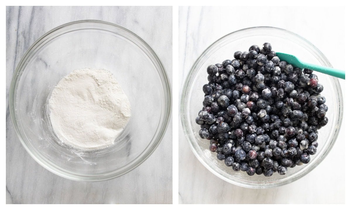 A bowl of cornstarch and sugar next to a bowl with blueberries.