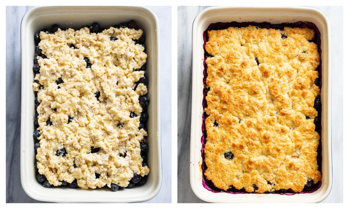Blackberry Cobbler in a baking dish before and after being baked.