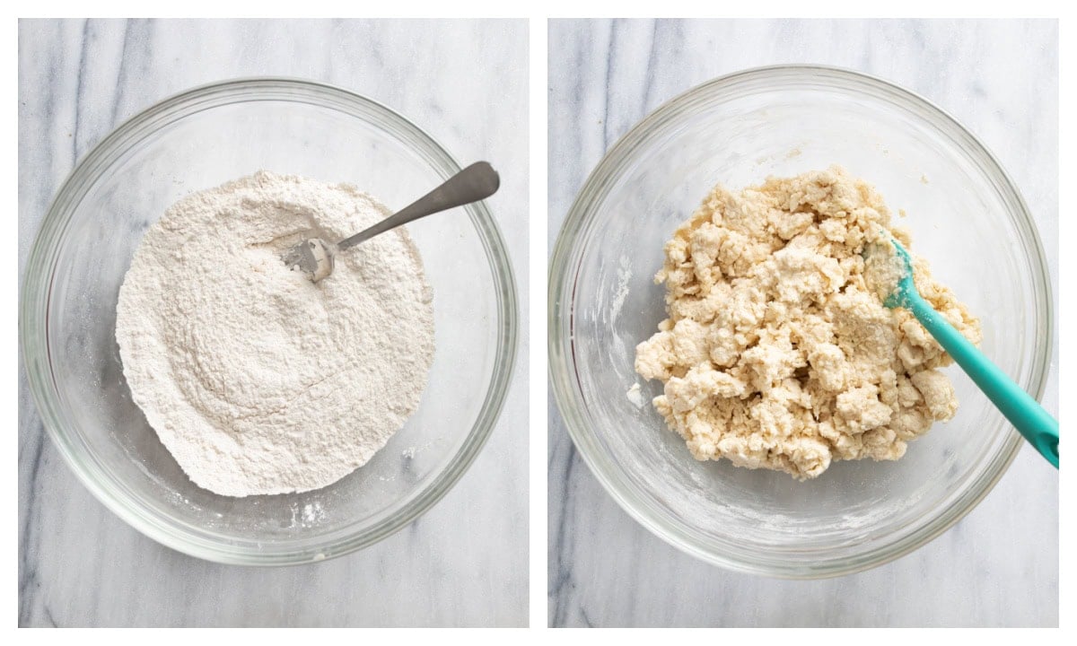 A bowl of dry ingredients next to a bowl of biscuit dough for blueberry cobbler.