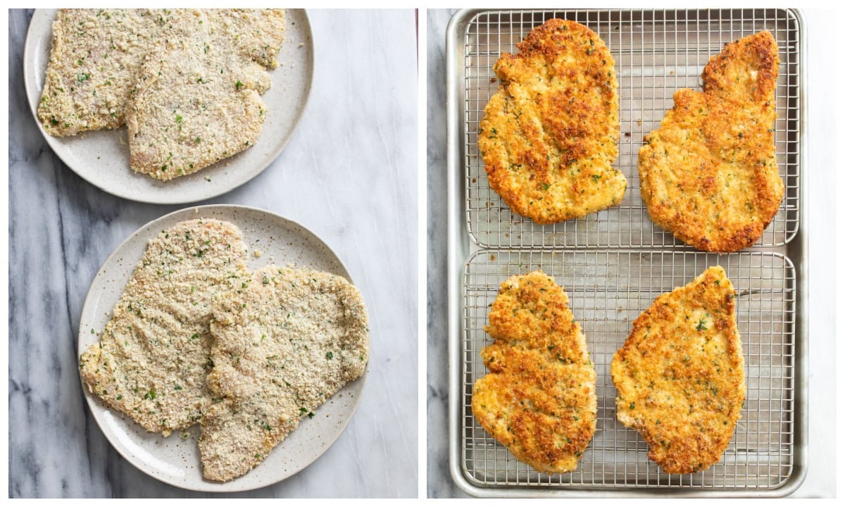 Uncooked breaded chicken next to wire cooling racks with breaded and fried chicken on top.
