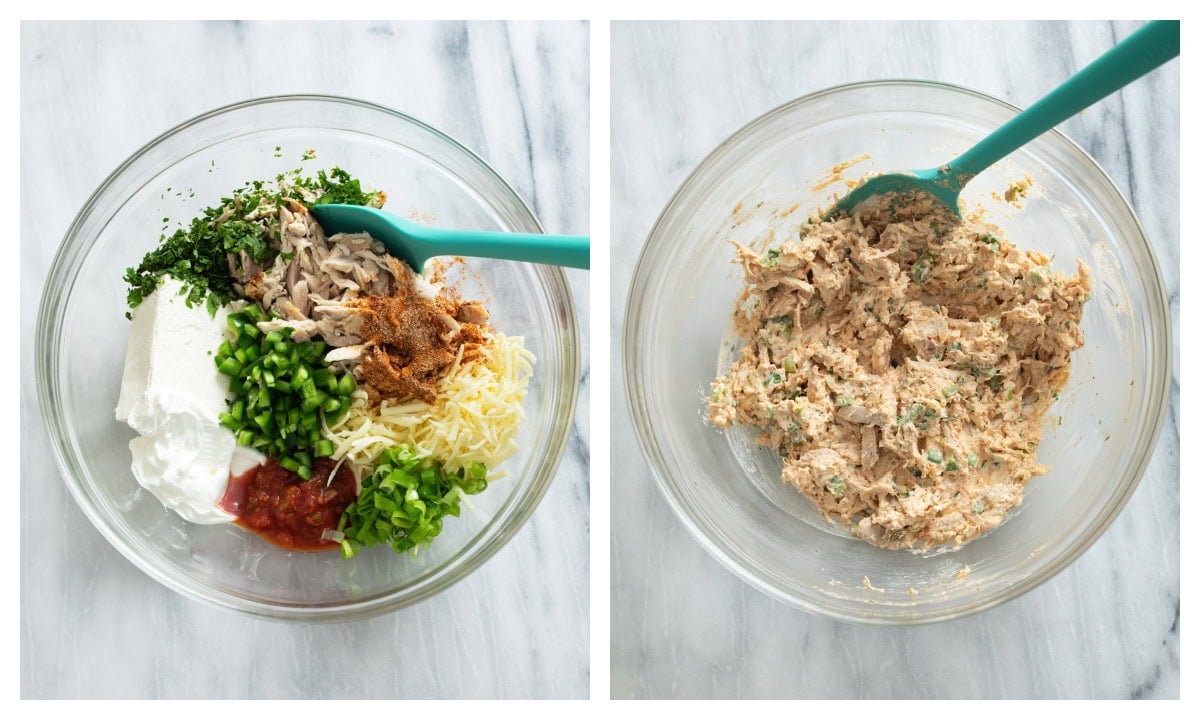 Chicken Taquito filling before and after being mixed together in a bowl.