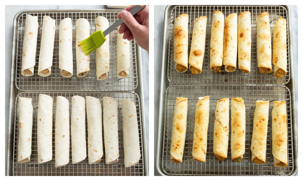 Chicken Taquitos on a baking sheet before and after being baked.