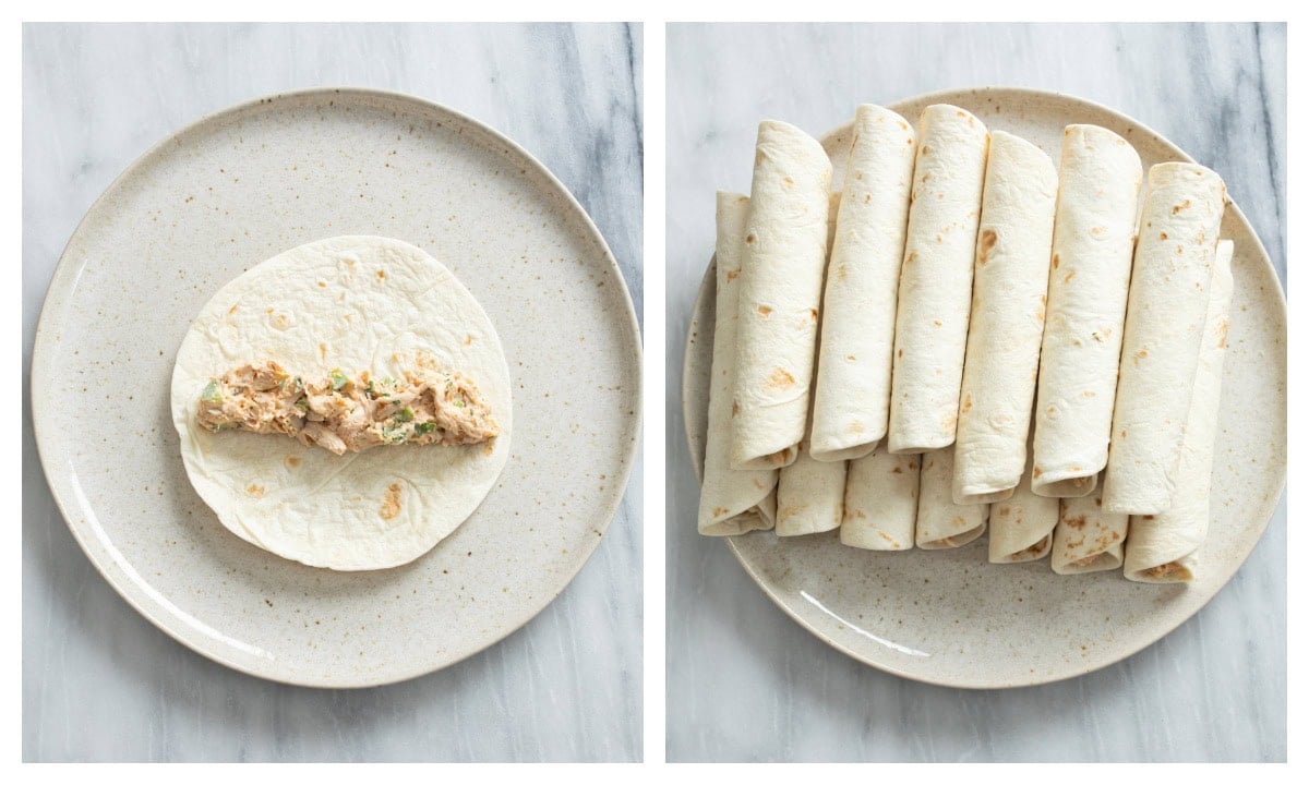 Chicken Taquito filling on a tortilla next to a plate of rolled chicken taquitos.