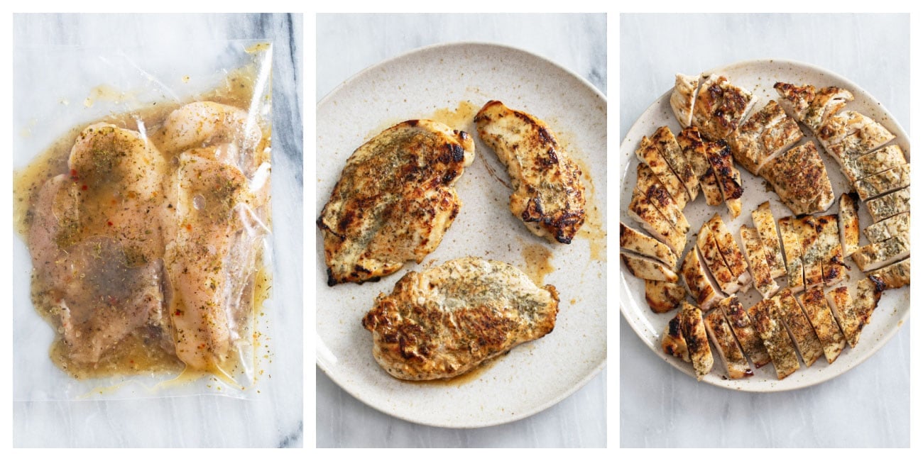 Process shots of chicken being marinated, seared, and sliced.
