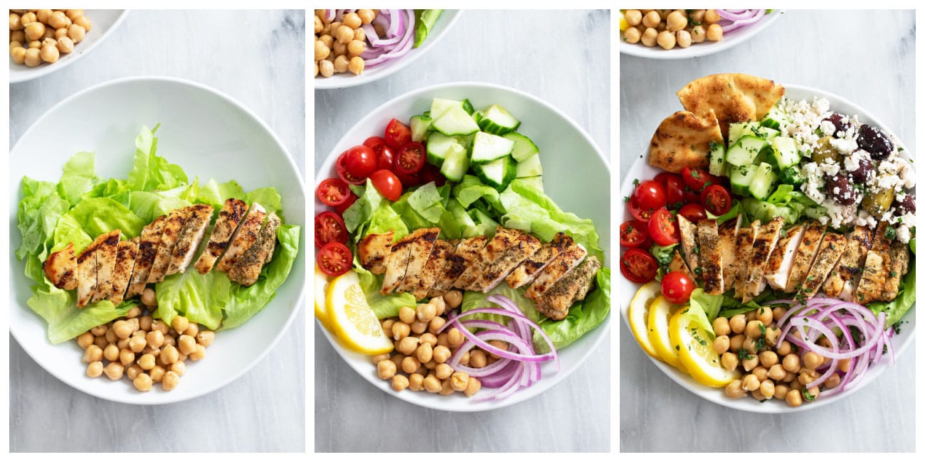 Step by step photos of how a Greek Chicken Bowl is assembled.