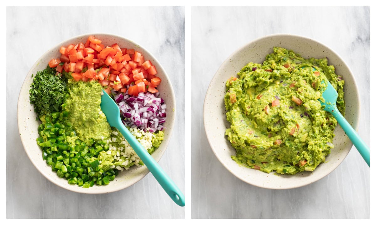 A bowl of guacamole before and after being mixed with tomatoes, cilantro, jalapenos, garlic, seasonings, and onions.