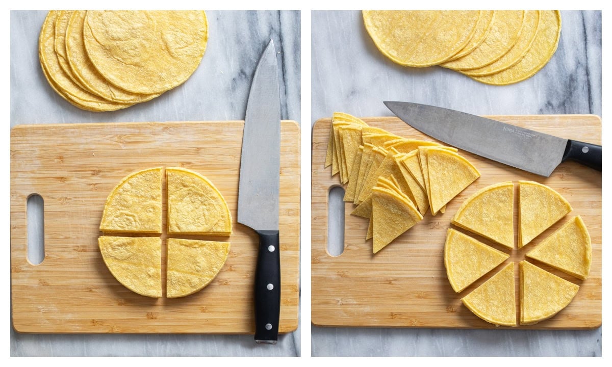 A corn tortilla cut into fourths next to a corn tortilla cut into sixths to make Homemade Tortilla Chips.