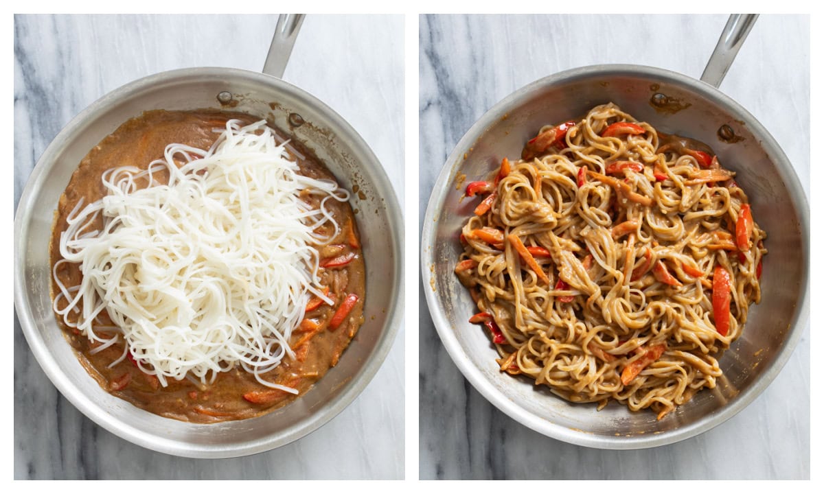 A skillet with rice noodles on top of peanut sauce next to a skillet with the noodles and sauce combined.