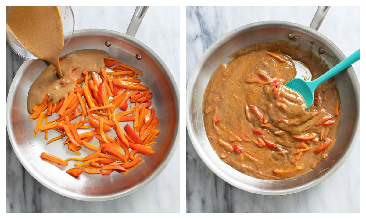 A skillet with bell peppers and carrots with peanut sauce being added and thickened.