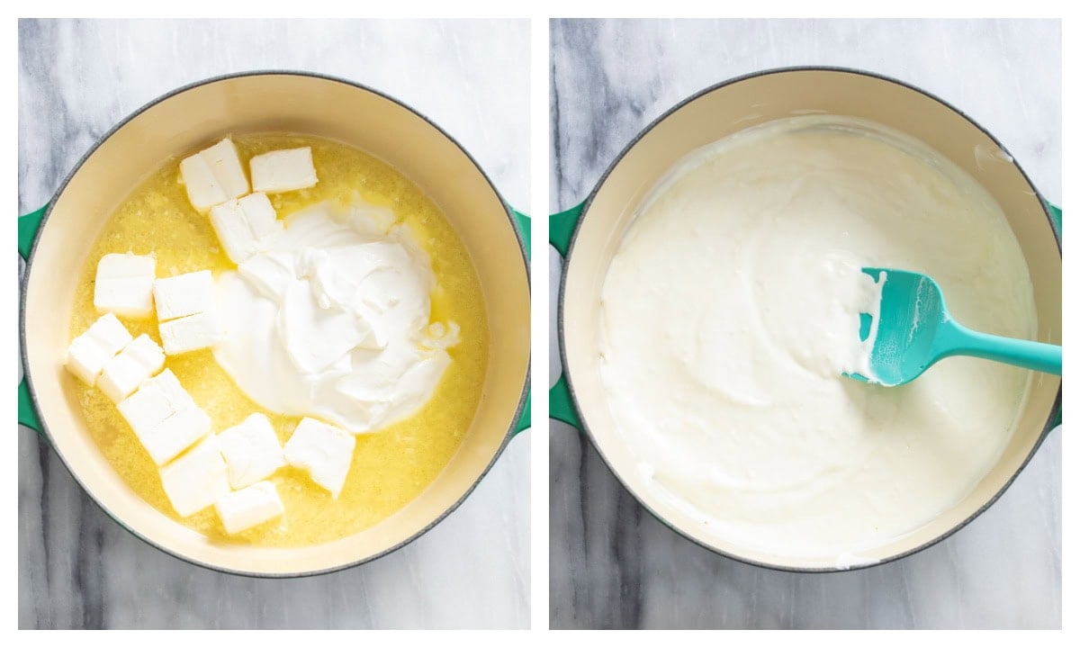 A pot of cream cheese, sour cream, broth, and garlic before and after being melted in a pot.