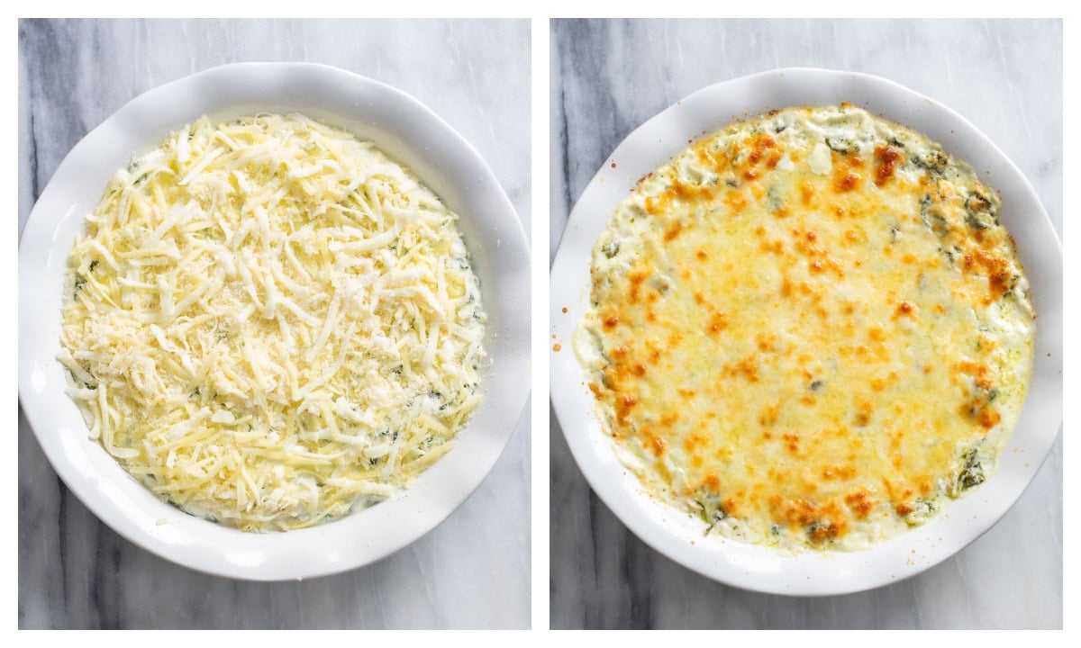 A dish of Spinach and Artichoke Dip before and after being baked.