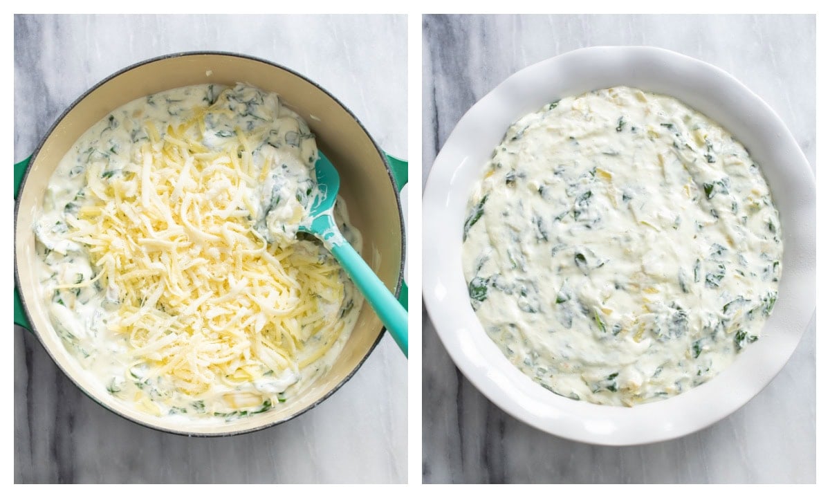 Adding cheese to a pot of Spinach and Artichoke Dip next to a serving dish of unbaked dip.