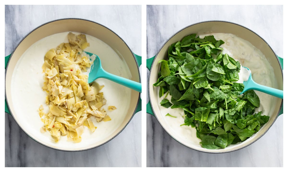 Adding artichokes and spinach to a pot of spinach and artichoke dip.