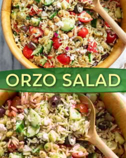 A collage of Orzo Salad in a wooden bowl with a label in the middle.
