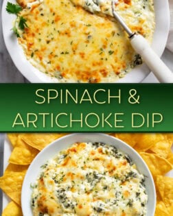 A collage of Spinach and Artichoke Dip in a white bowl with tortilla chips.
