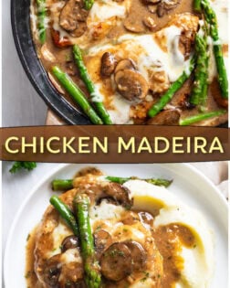 A collage of Chicken Madeira in a skillet and on a white plate with mushroom wine sauce, melted mozzarella, and asparagus.