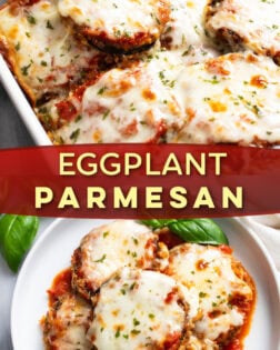 A collage of Eggplant Parmesan in a casserole dish and on a plate with fresh basil.