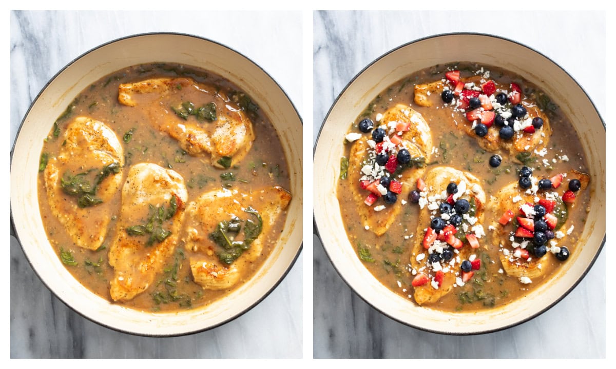 A picture of chicken in a balsamic sauce with spinach next to the same chicken topped with blueberries, strawberries, and feta.