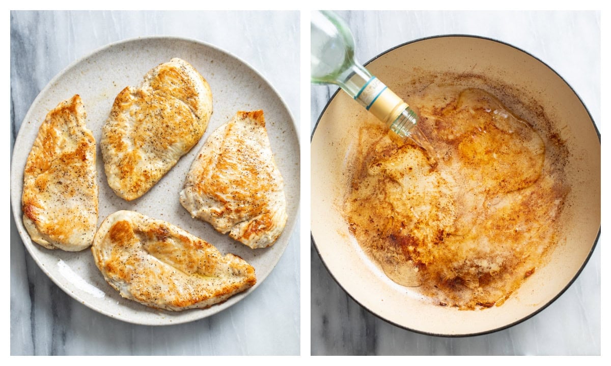 A plate of cooked chicken next to a skillet being deglazed with white wine.