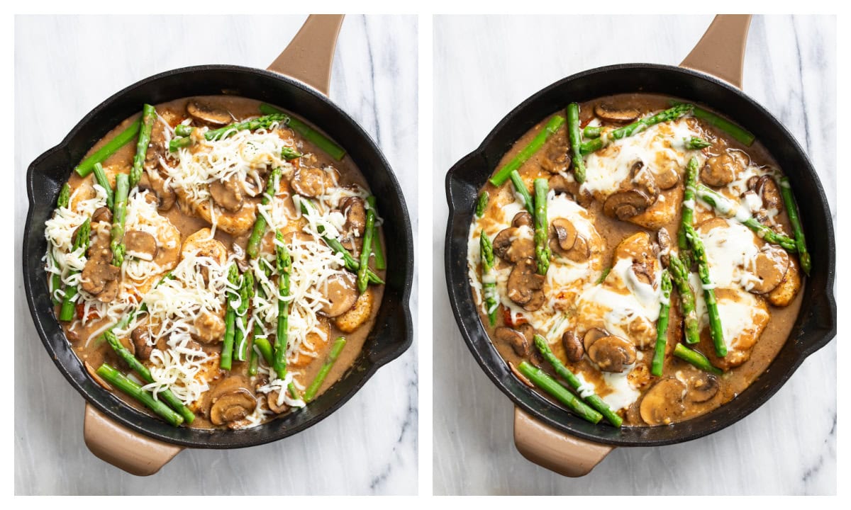 Chicken Madeira in a skillet before and after being baked to melt the cheese.
