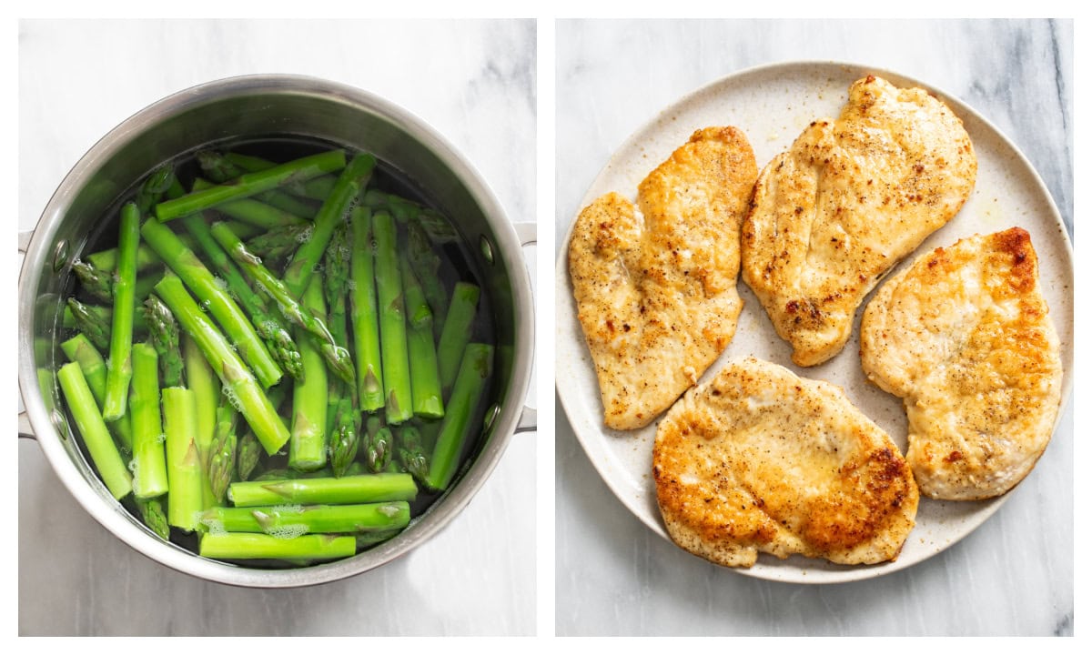 A pot of boiled asparagus next to a plate of cooked chicken breast.