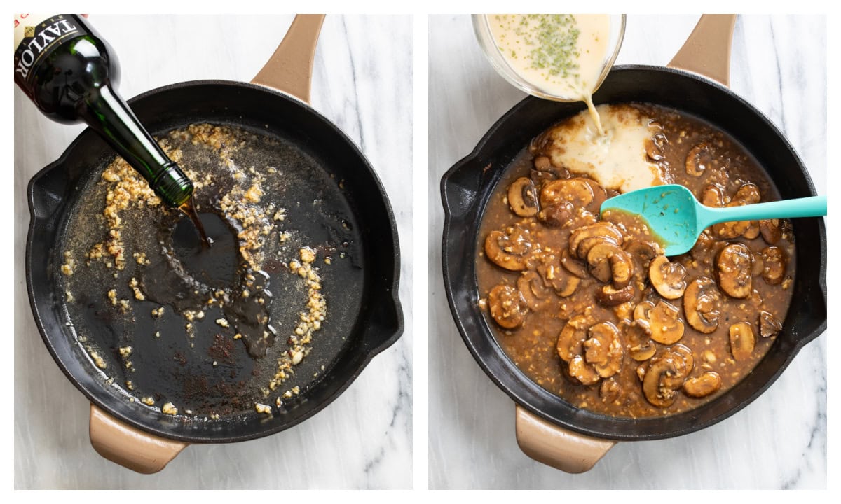 A skillet with Madeira wine being added to a skillet with butter and garlic next to a skillet with mushrooms and sauce being made.
